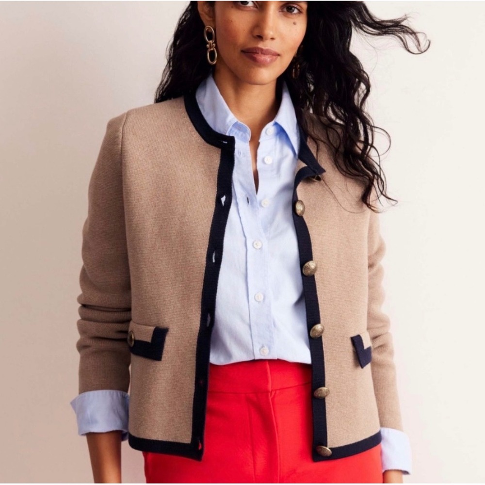 Boden Holly Knitted Jacket Camel Navy Blue Cardigan Sweater Preppy Womens US 10